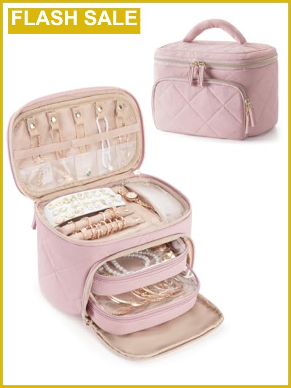 Travel Jewelry Organizer with 2 Clear Pouches, Double Layer Case